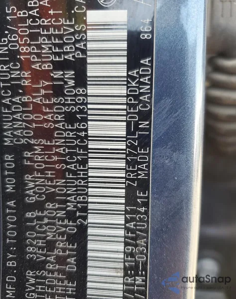 2015 Toyota Corolla L из США, поврежденный, VIN 461398